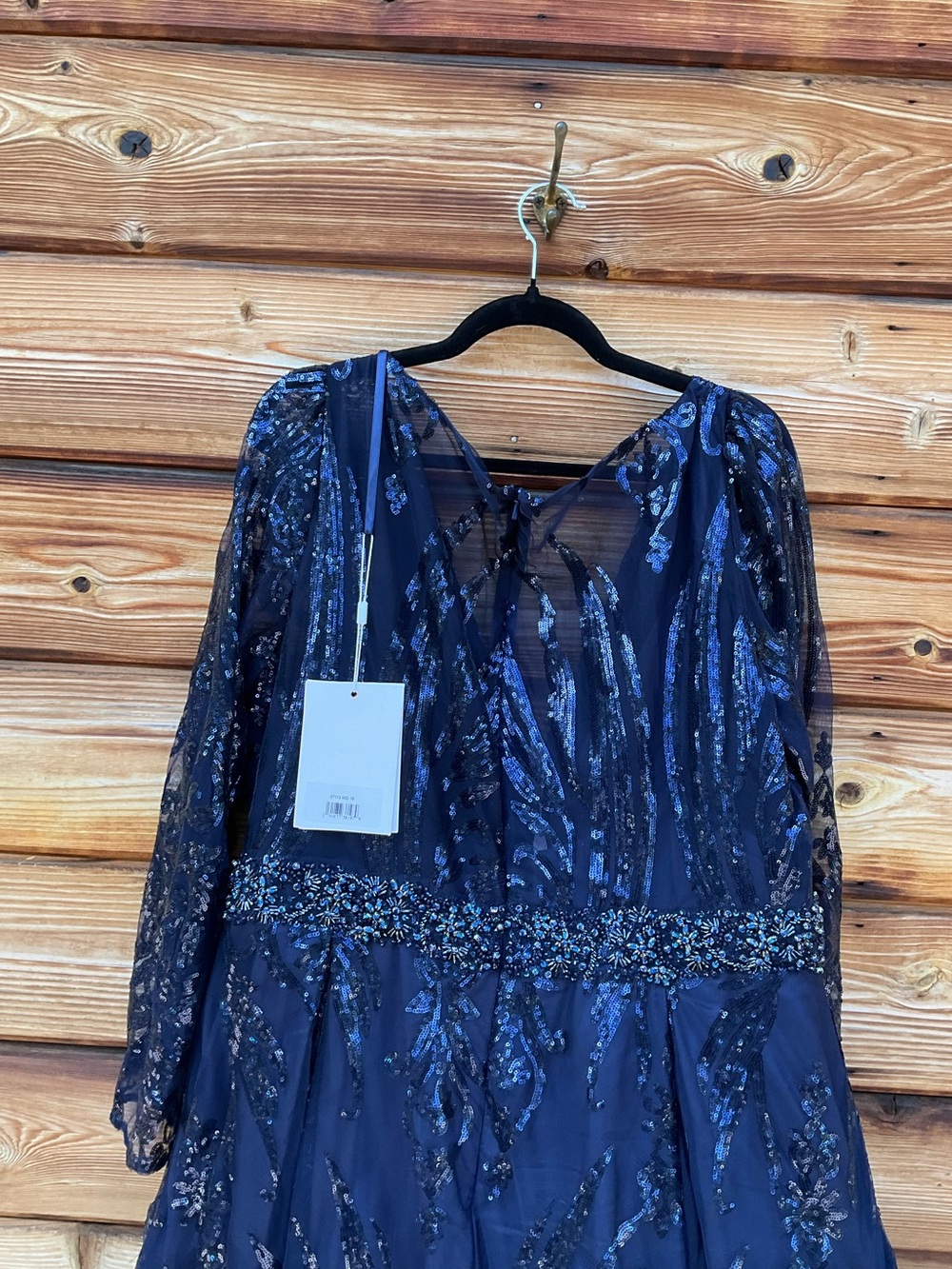 Mac Duggal Long Sleeve Embellished Evening Gown Midnight 18 Plus Size - Picture 10 of 11